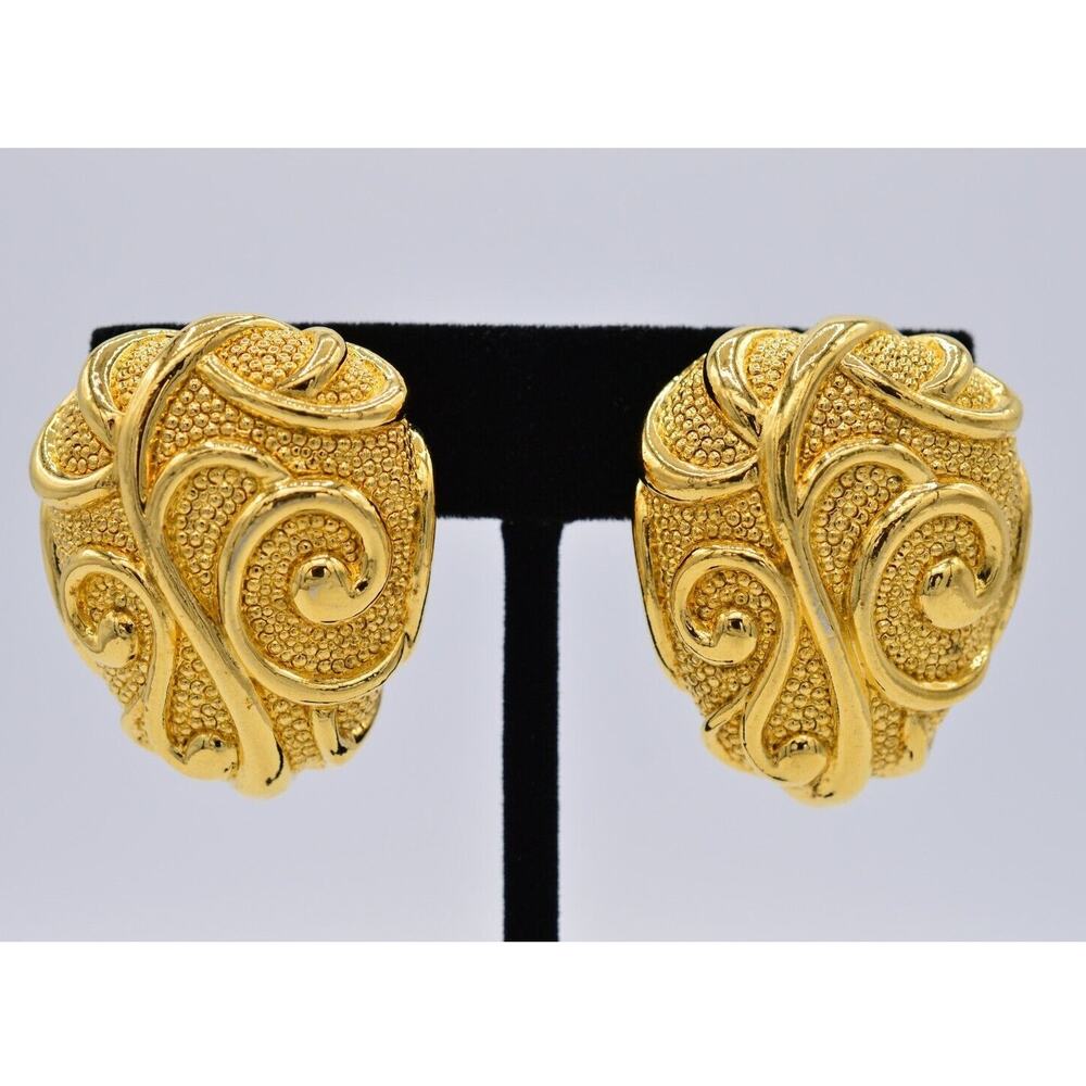 Barrera Avon Vintage Clip On Earrings Chunky Heavy Gold Textured Signed BinAG